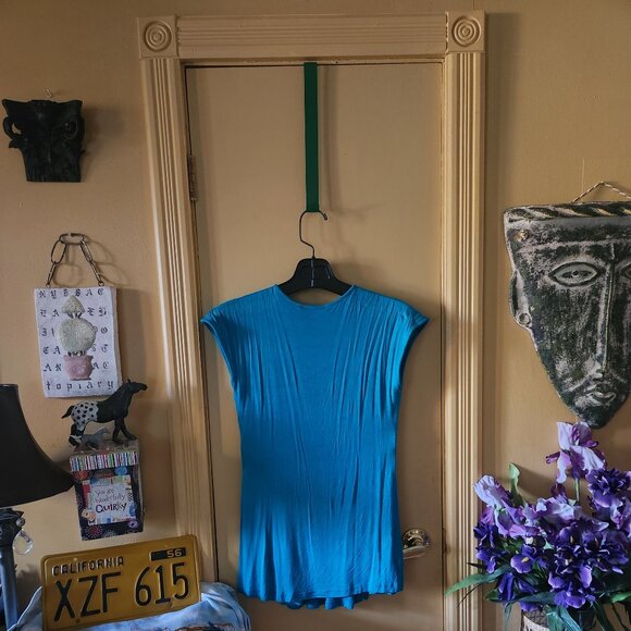 A14  Beautiful Blue Bodice Top w/Gold Leather  Very flattering Athena style - Picture 2 of 4